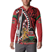 Red button-front sweatshirt with lion and shield front graphic, worn by model