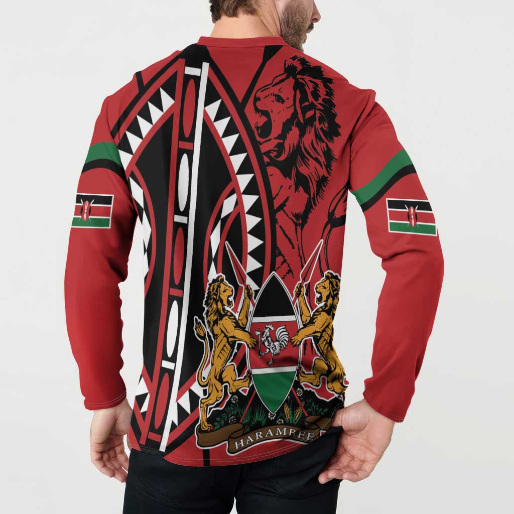 Red back button-front sweatshirt with large lion and crest graphic, long sleeves