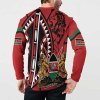 Red back button-front sweatshirt with large lion and crest graphic, long sleeves