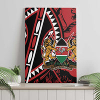 Red African shield canvas wall art with lions, dancers, and bold geometric stripes