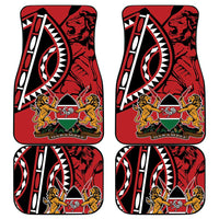 Pair of red Kenya shield car mats with bold tribal-style center emblem