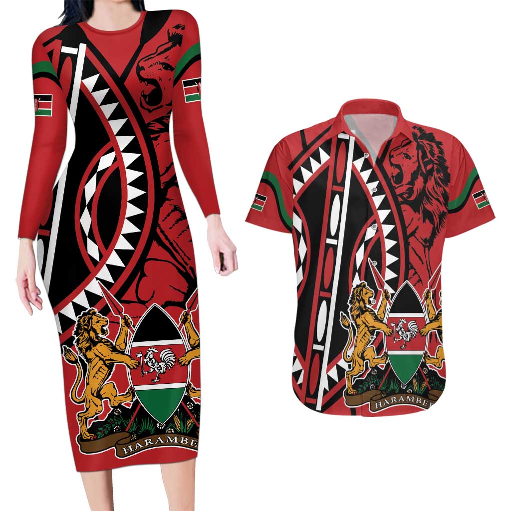 Kenya With African Shield Couples Matching Long Sleeve Bodycon Dress and Hawaiian Shirt