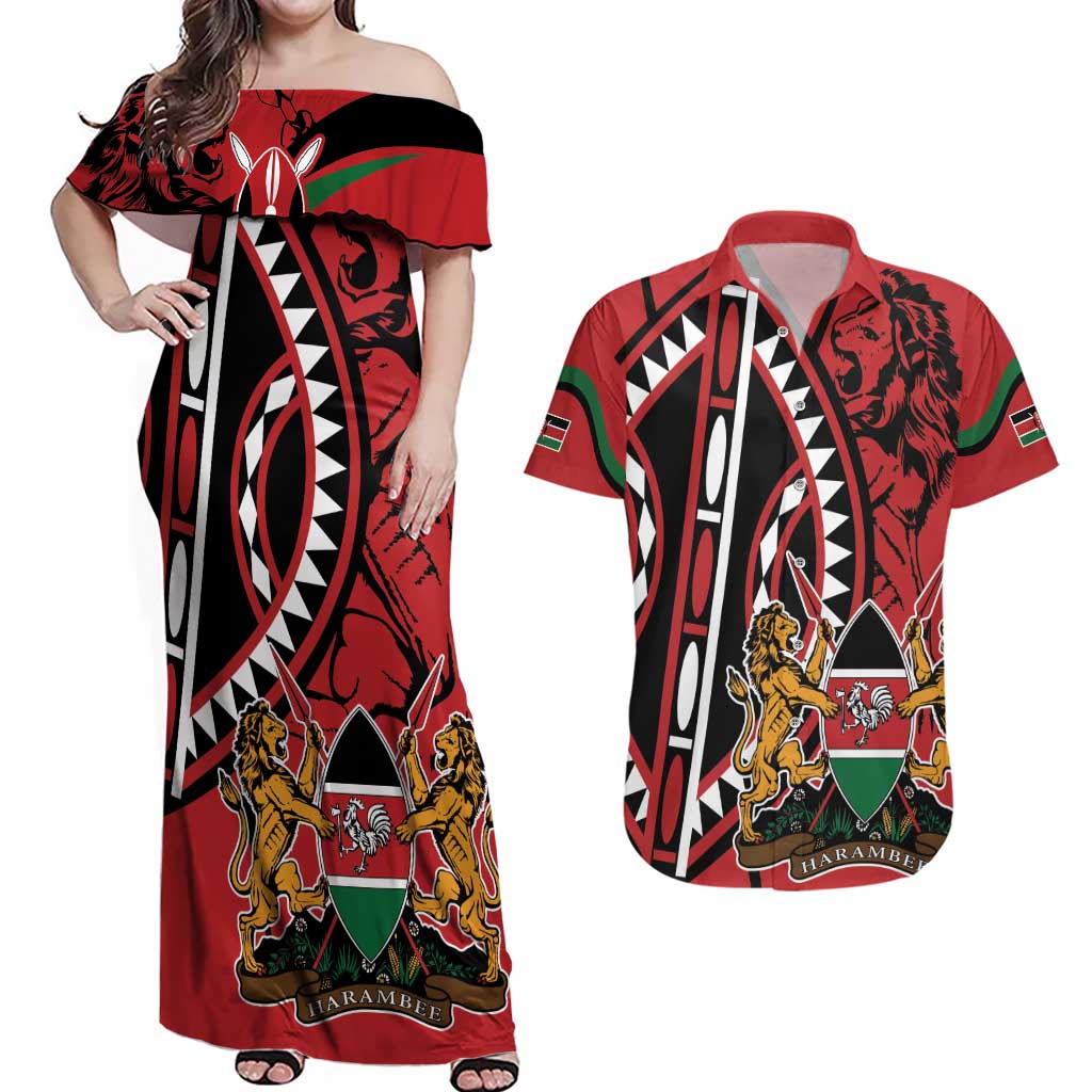 Kenya With African Shield Couples Matching Off Shoulder Maxi Dress and Hawaiian Shirt