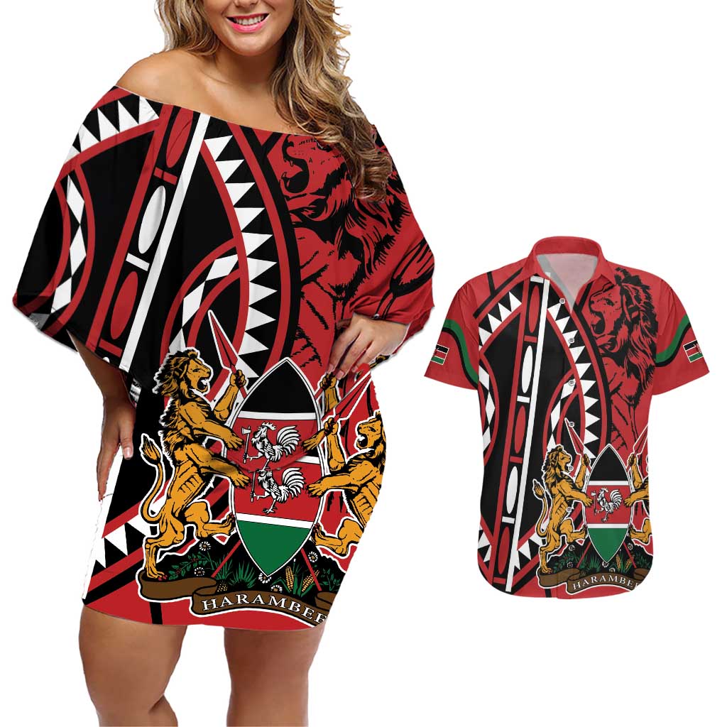 Kenya With African Shield Couples Matching Off Shoulder Short Dress and Hawaiian Shirt