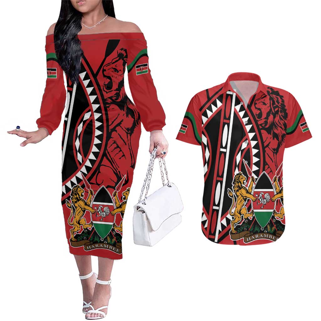 Kenya With African Shield Couples Matching Off The Shoulder Long Sleeve Dress and Hawaiian Shirt