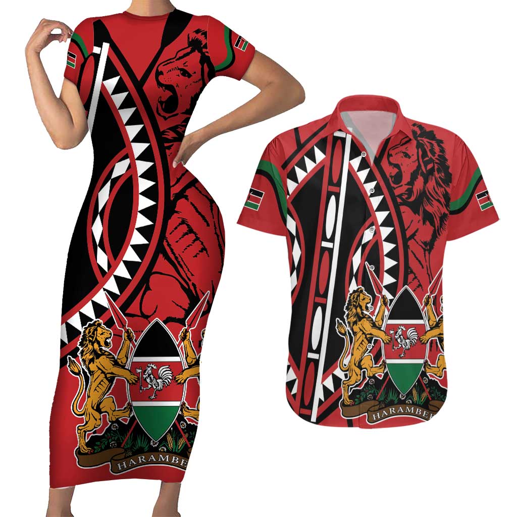 Kenya With African Shield Couples Matching Short Sleeve Bodycon Dress and Hawaiian Shirt