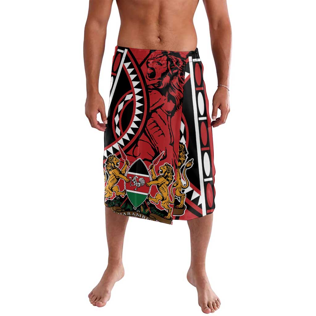 Men's red graphic lavalava skirt with lion and shield art, close front view