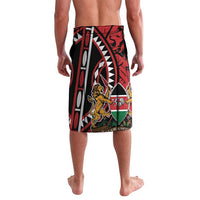 Men's red graphic lavalava skirt with lion and shield art, knee-length front view