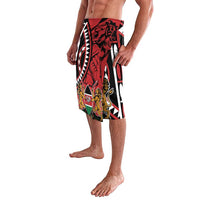 Men's red graphic lavalava skirt with lion art and shield, side view, elastic waistband