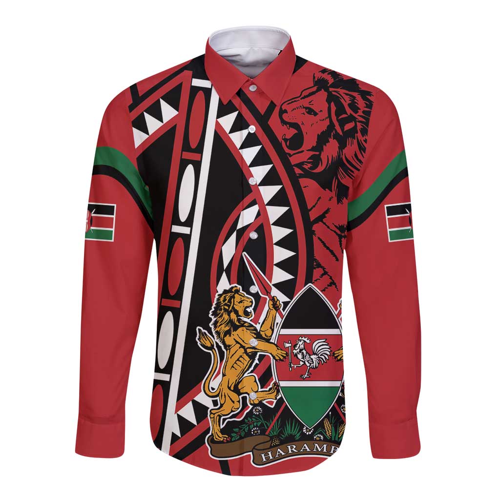 Red long-sleeve button shirt with front shield graphic and lion, black and green accents