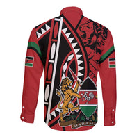 Red long-sleeve button shirt with back lion and shield graphic, black with green accents