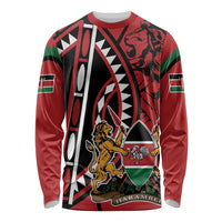 Unisex red long-sleeve graphic shirt with lion shield emblem and tribal patterns