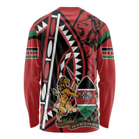 Unisex red long-sleeve graphic shirt back with tribal stripes, flag accents, lion shield