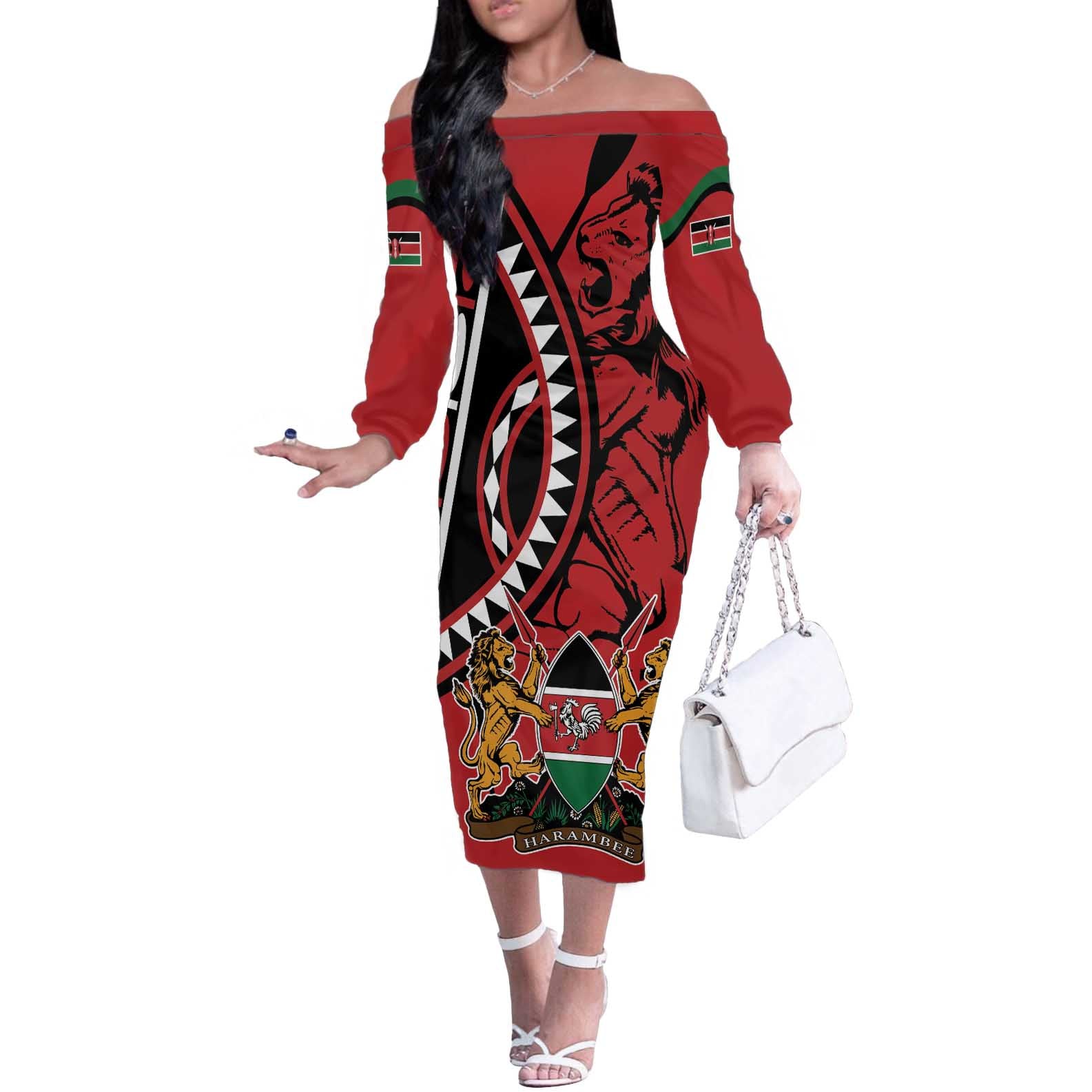 Kenya With African Shield Off The Shoulder Long Sleeve Dress