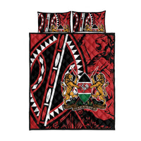 Red, black and white quilt bed set with shield-and-lion graphic, folded cover with two pillows