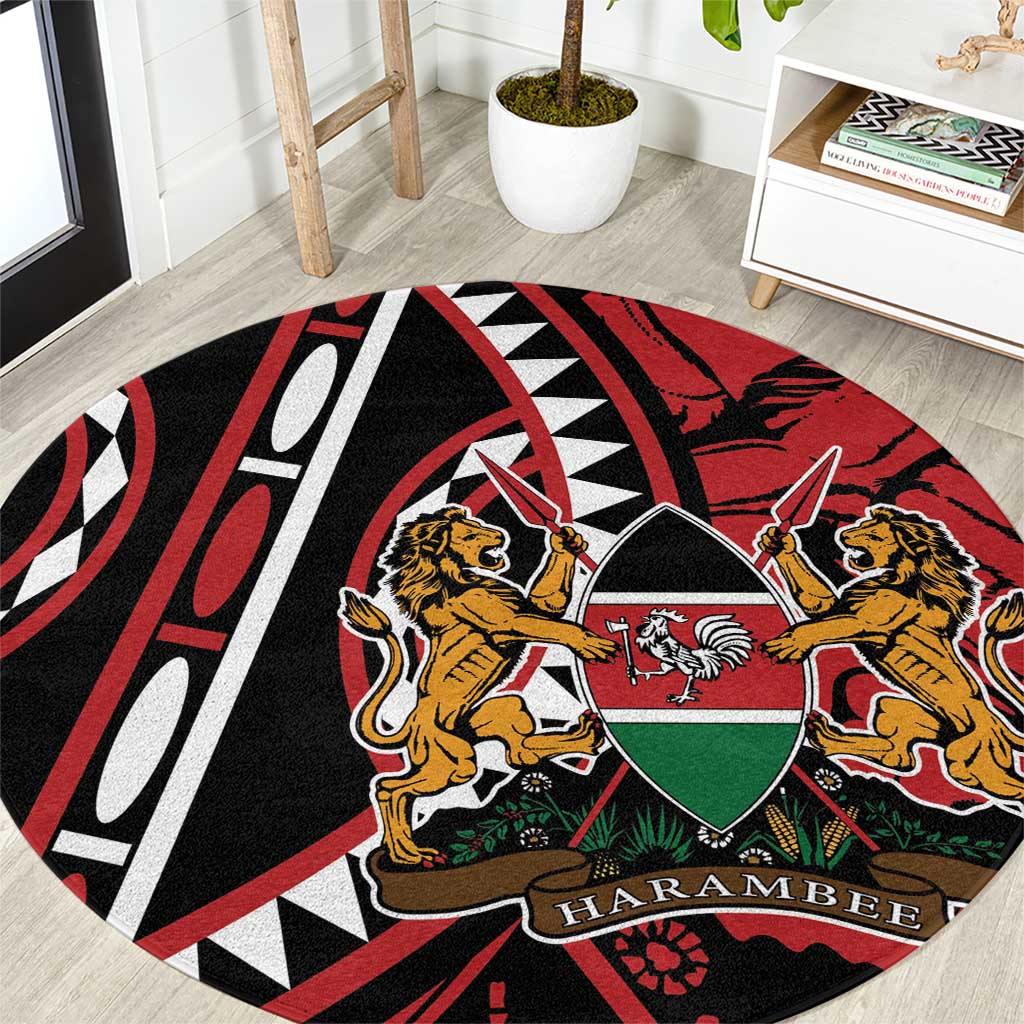 Round carpet with red black white design, lion figures around a green shield