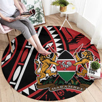 Round carpet, red black white graphic lions and shield, HARAMBEE