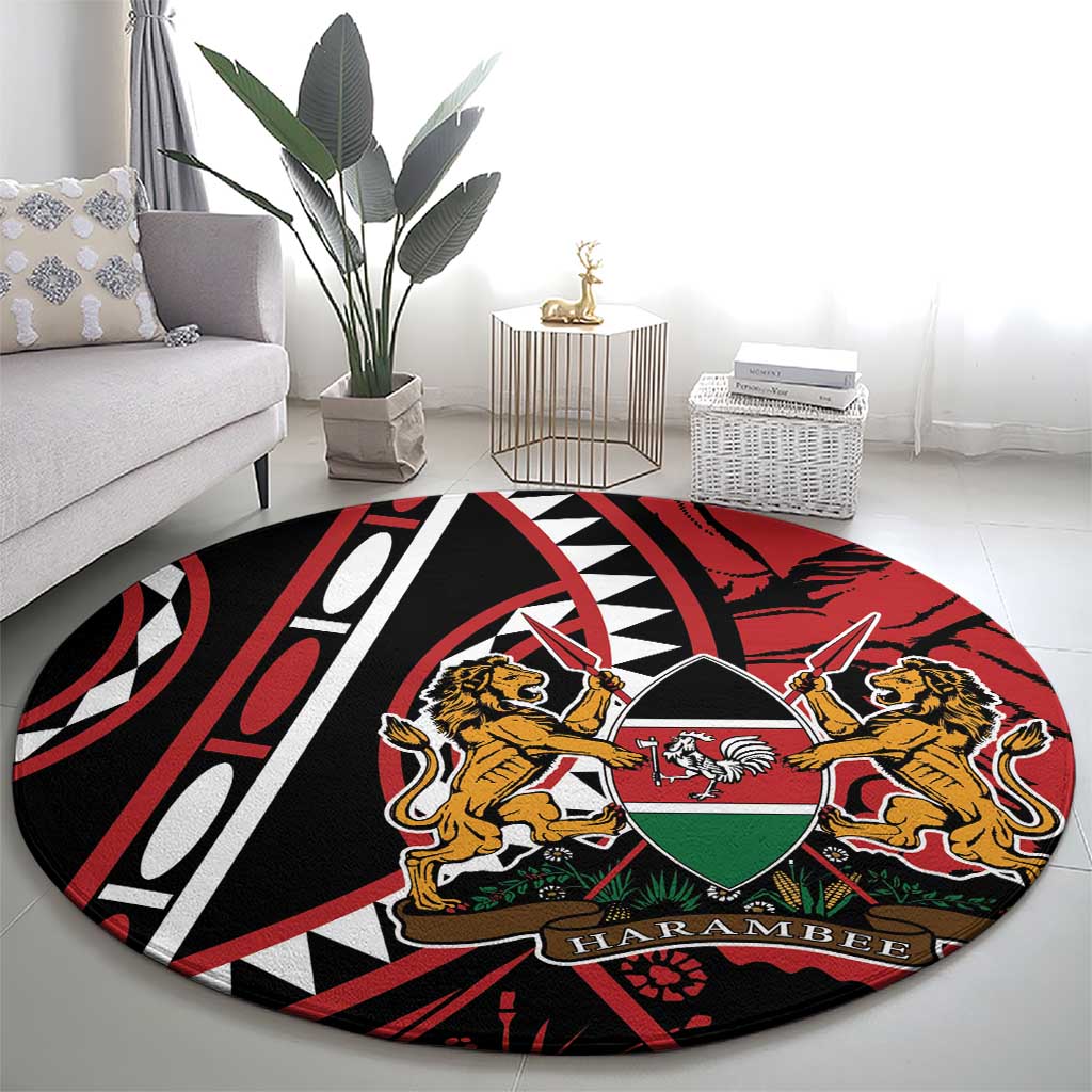 Round carpet, red black white pattern with lions and green shield center