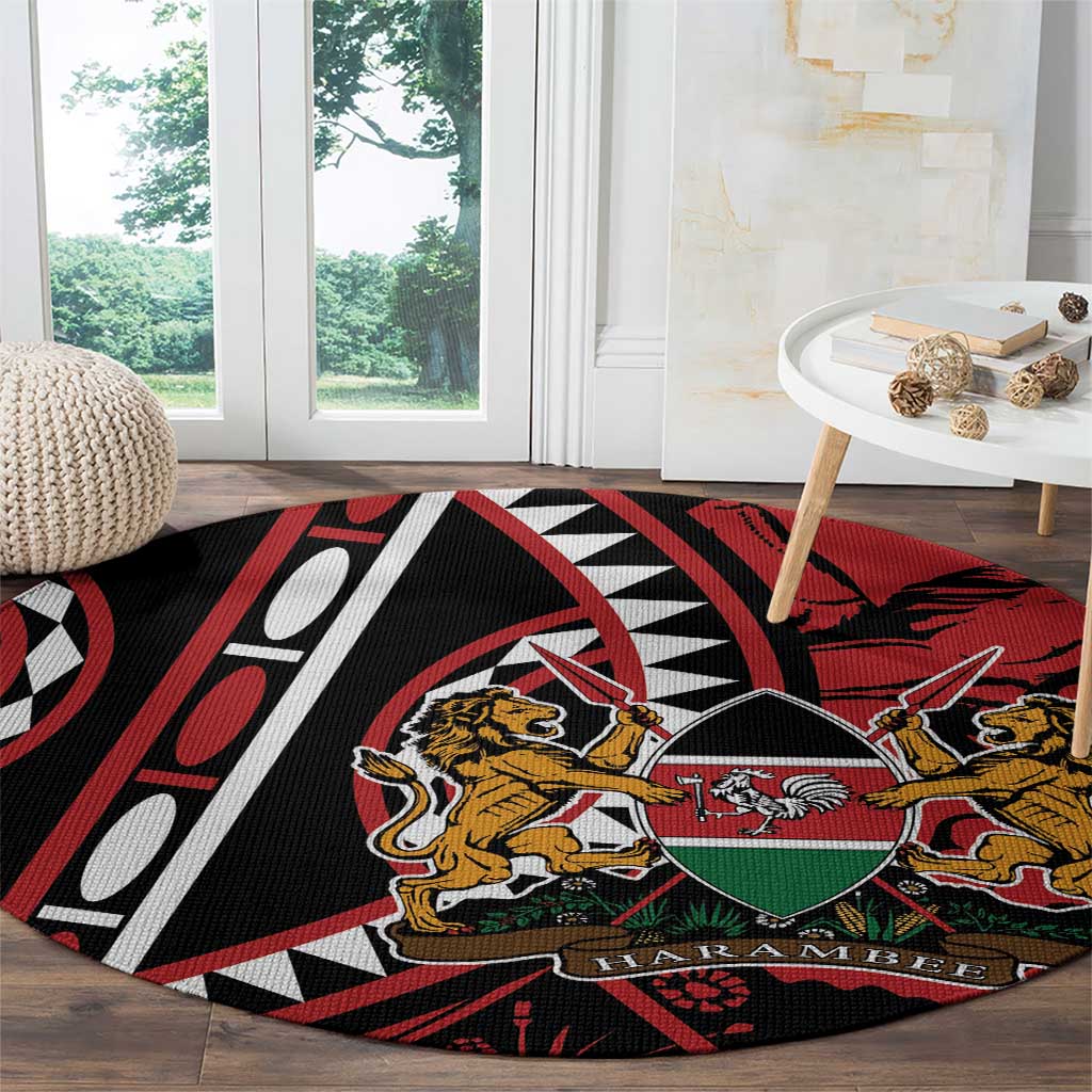 Round carpet edge close view, red black white lions and green shield with HARAMBEE
