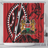Red shower curtain with African shield emblem, lion figures, and HARAMBEE text