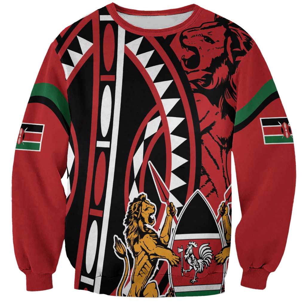 Unisex red crewneck sweatshirt with bold lion graphic and Kenya flag sleeve patches