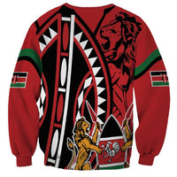 Unisex red crewneck sweatshirt with front lion face graphic and Kenya flag on sleeves