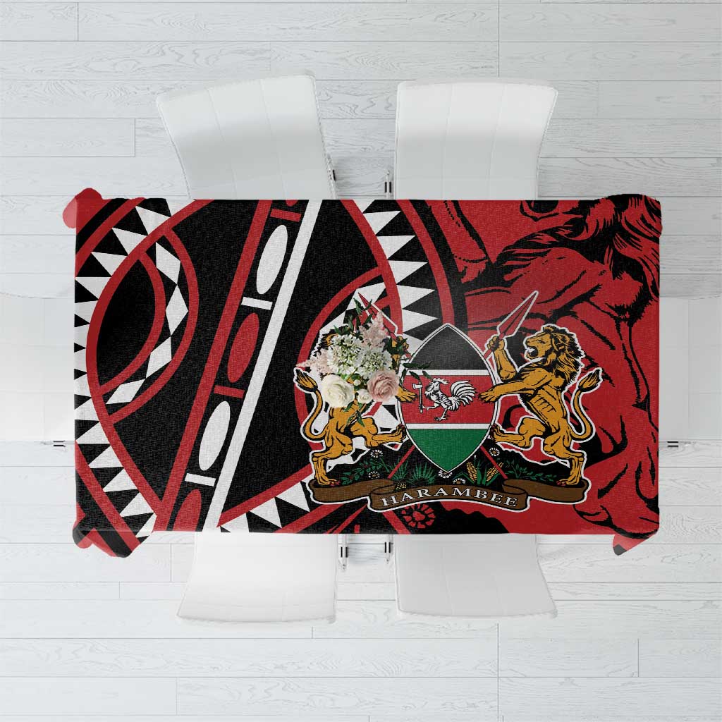 Red and black African shield tablecloth with lion crest and geometric lines