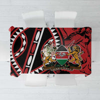 Red and black African shield tablecloth with lion crest and geometric lines