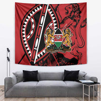 Red Kenya wall tapestry with lion shield emblem and bold tribal pattern, wall-hung.