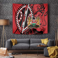 Red Kenya wall tapestry featuring lion shield emblem, tribal symbols, and geometric design.