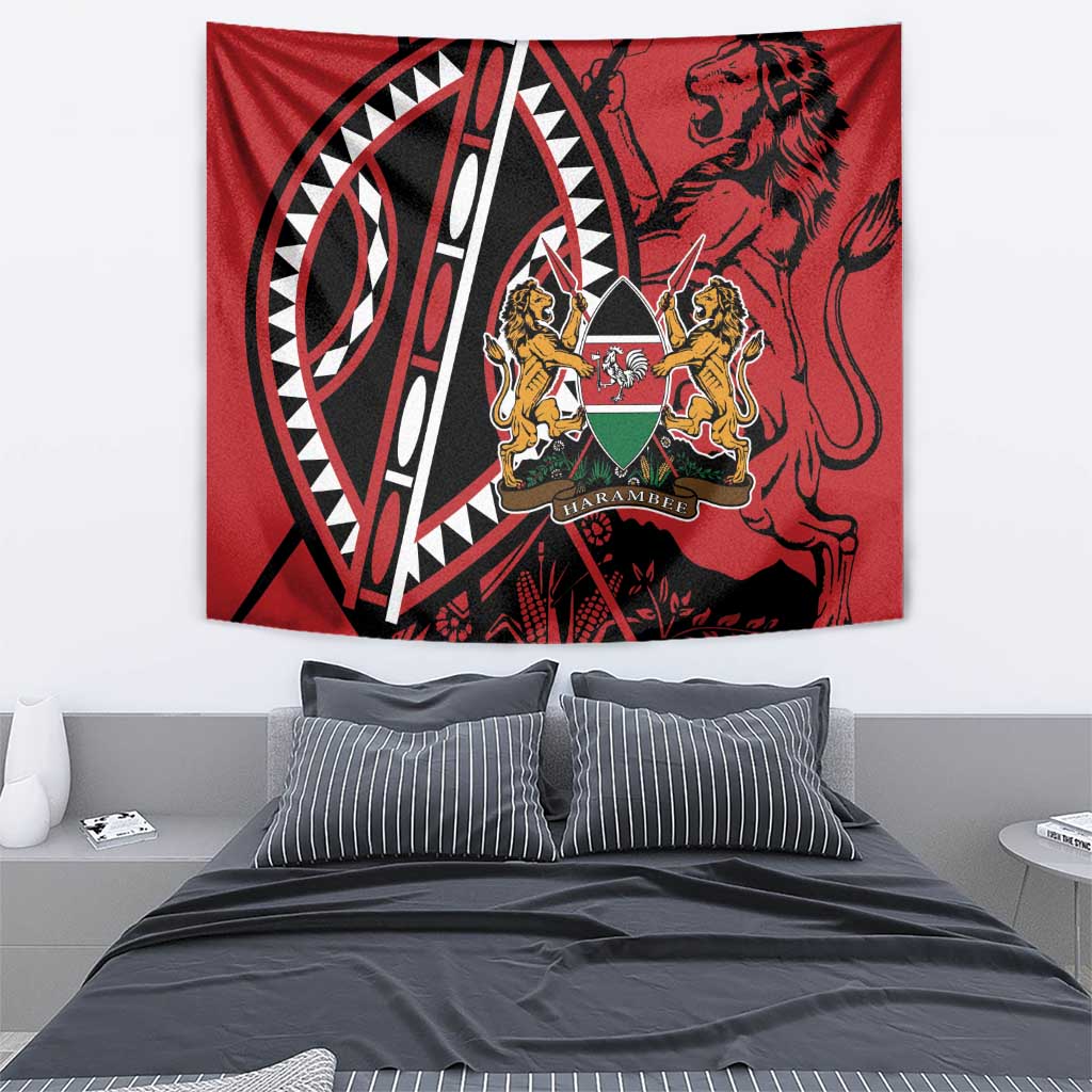Red Kenya wall tapestry with lion shield graphic and tribal pattern border.