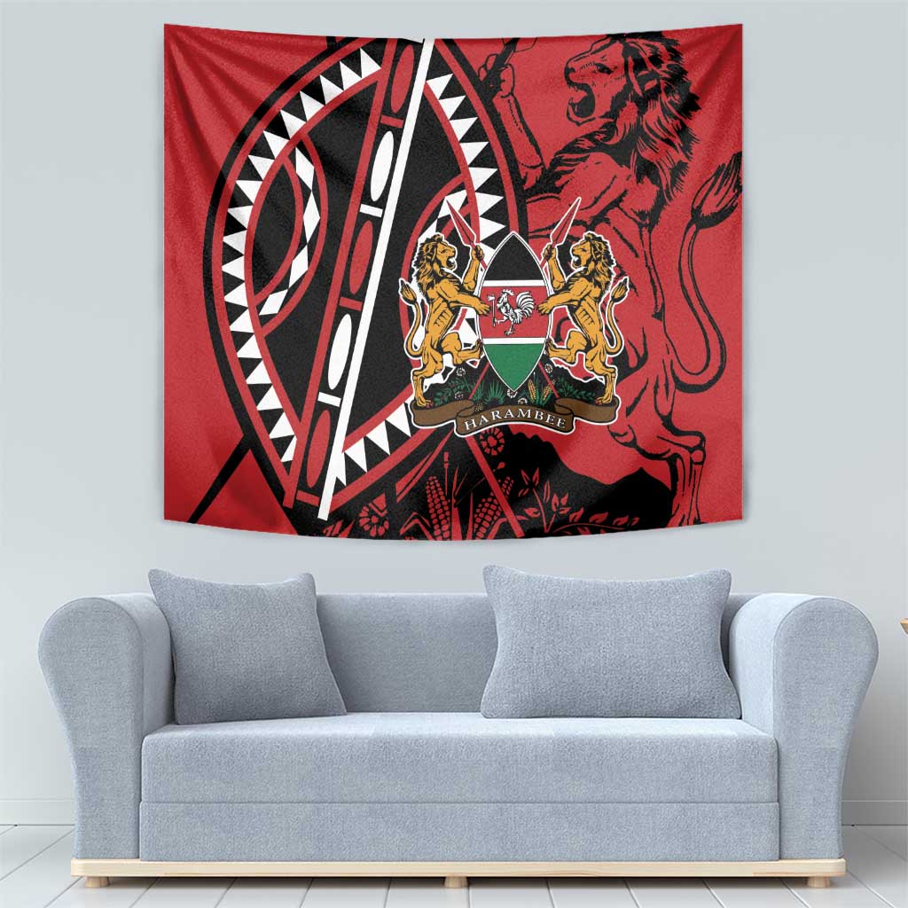 Red Kenya tapestry with lion shield crest and geometric tribal artwork, wall-mounted.