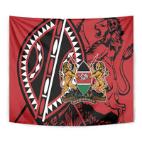 Red Kenya wall tapestry close-up with lion shield emblem and tribal geometric lines.