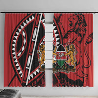 Red double window curtain with lion crest panels and bold geometric fan shapes