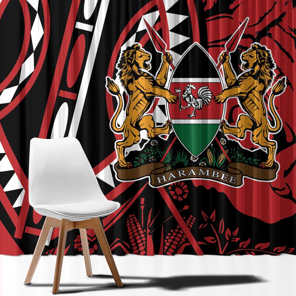 Red window curtain panel with lion-and-shield crest and bold black/white shapes