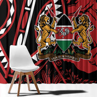 Red window curtain panel with lion-and-shield crest and bold black/white shapes