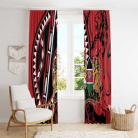 Red window curtain set with lion crest and large geometric swirl pattern