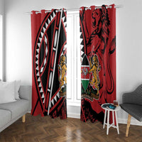 Red window curtains with lion-and-shield crest and circular black/white motif