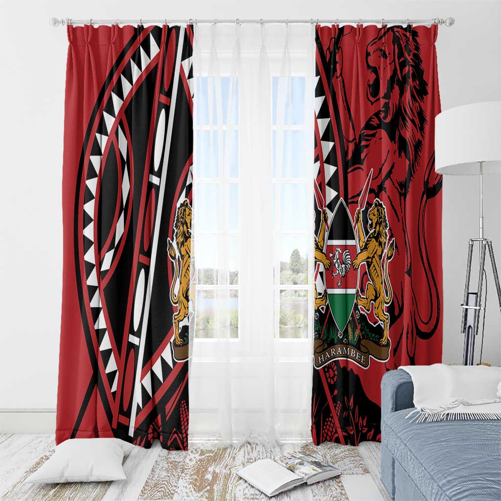 Red window curtains with lion-and-shield crest and black/white geometric design