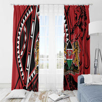 Red window curtains with lion-and-shield crest and black/white geometric design