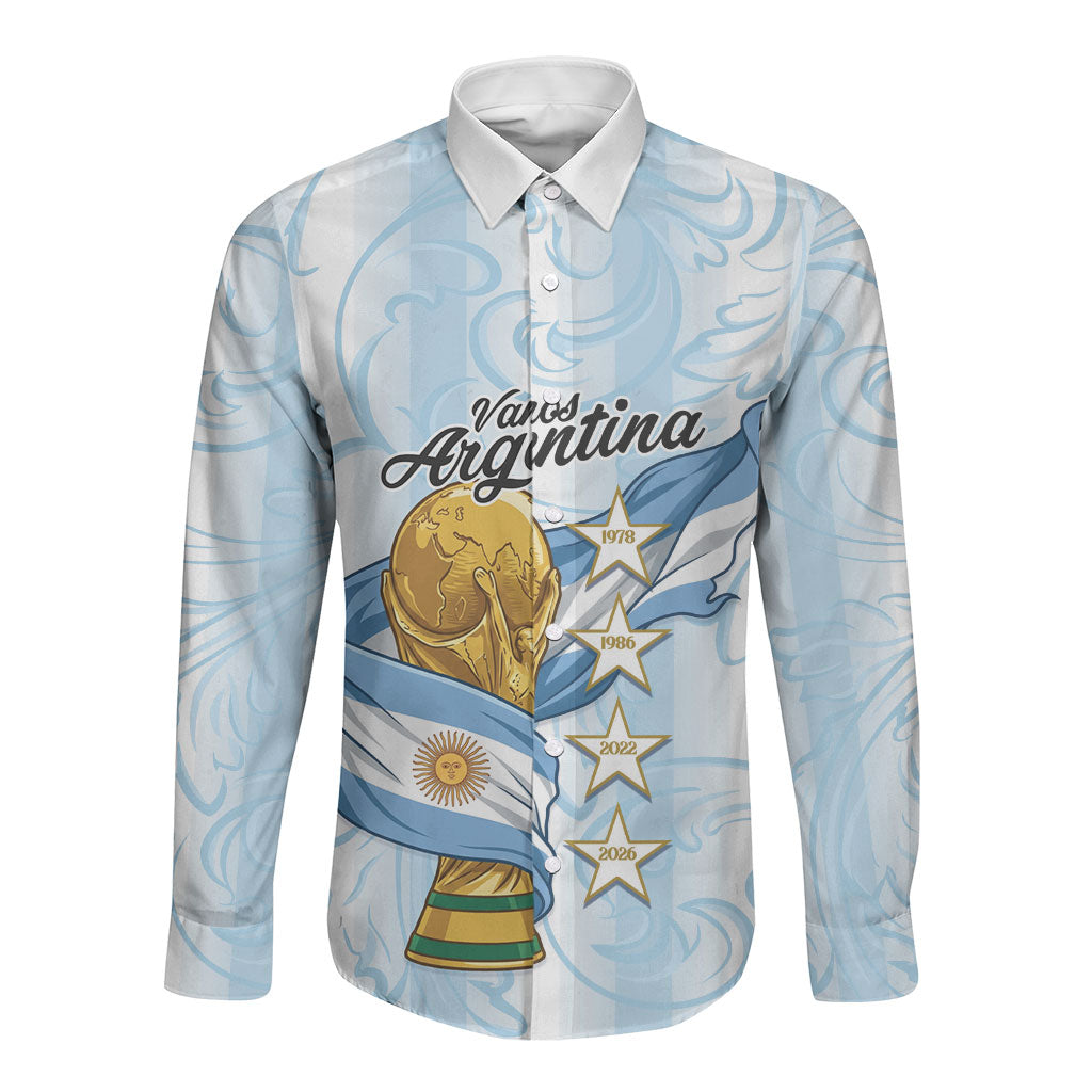 Argentina Campeones del Mundo 2026 Personalized Long Sleeve Button Shirt Albiceleste Trophy Splash Art Soccer Champion