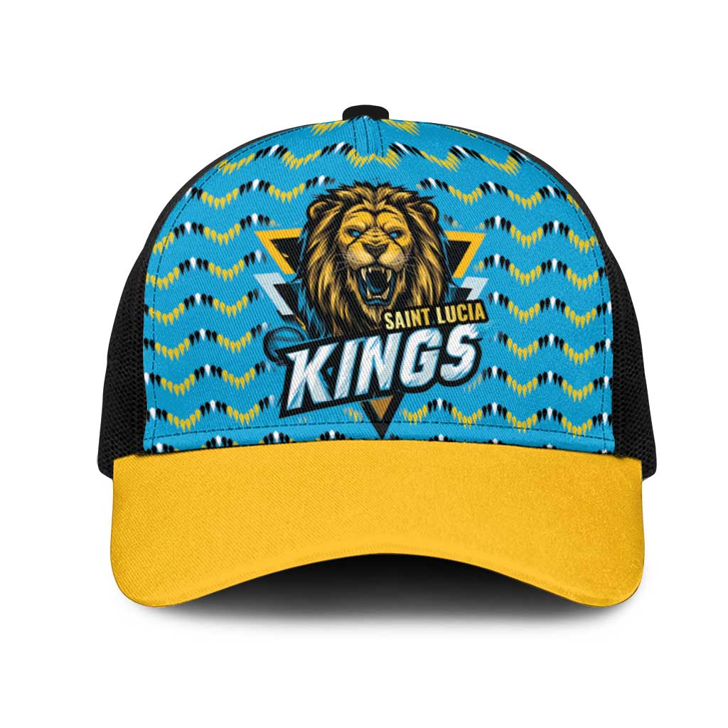 Teal Kings lion trucker cap with Saint Lucia text, black mesh back, gold brim.
