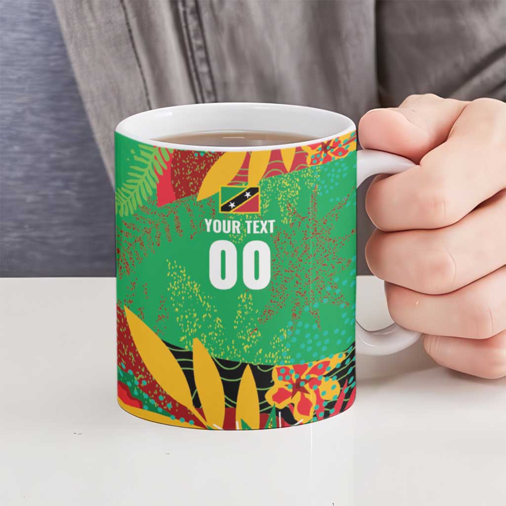 Ceramic mug with green tropical print, "YOUR TEXT" and large "00" on front, held