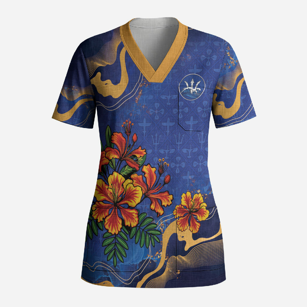 Custom Women’s Cricket Barbados Floral Series Scrub Top Royal Blue Pride of Barbados