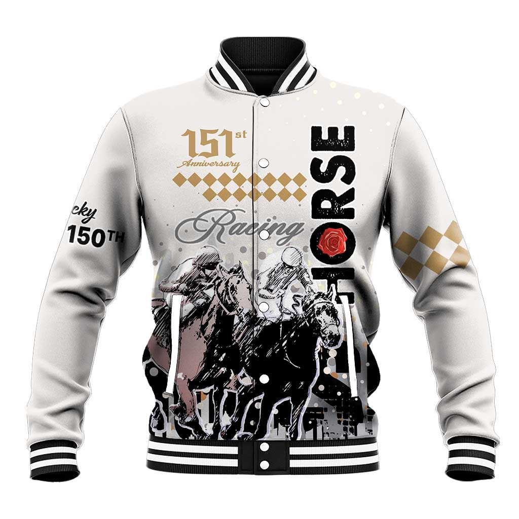 White and black baseball jacket with striped ribbed collar, cuffs, and horse racing graphic