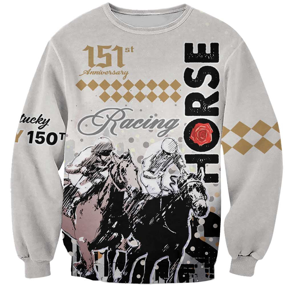 Grey unisex sweatshirt with racing horses graphic, 151st logo and rose