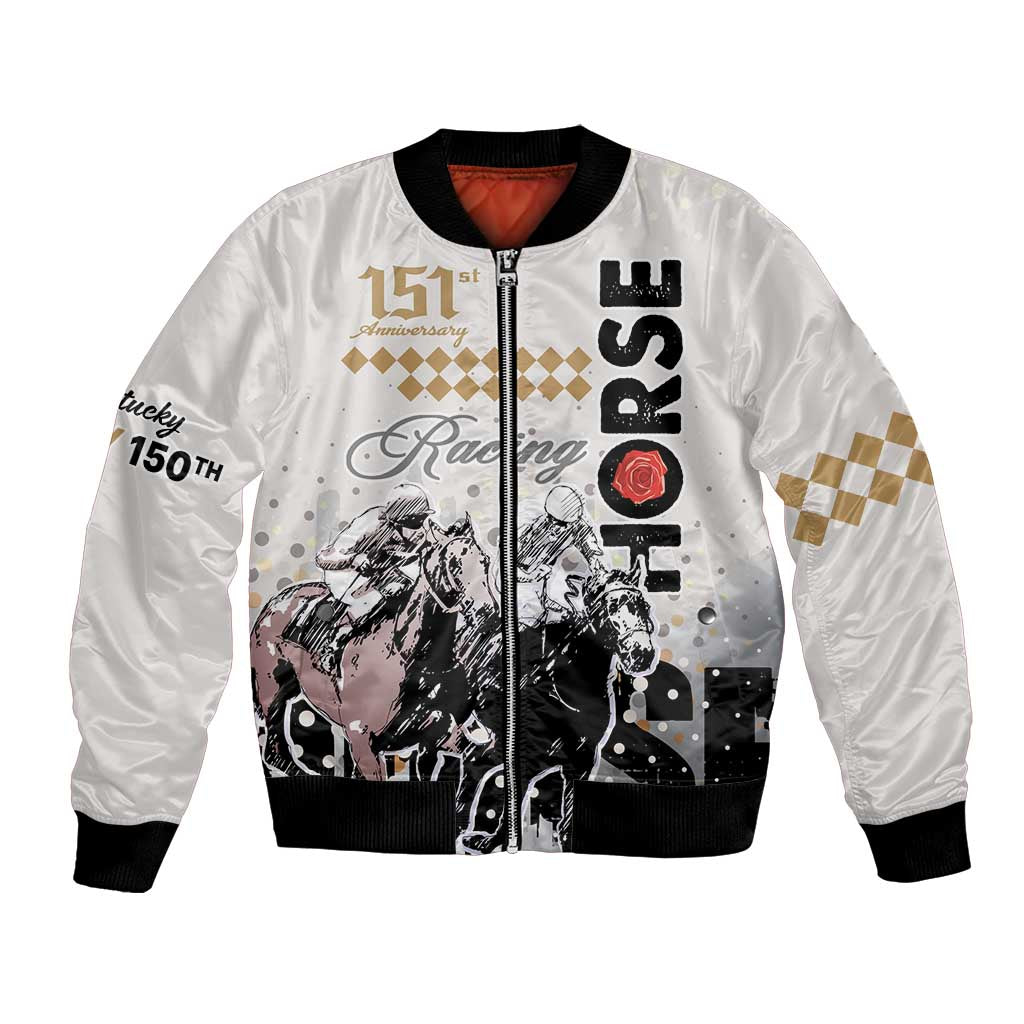 Unisex white bomber jacket with black ribbed trim, gold check patch, front racing graphic