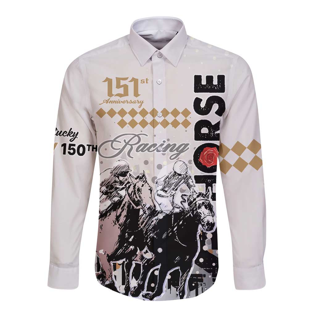 Long-sleeve button shirt with racing horses, rose, and anniversary print on light fabric