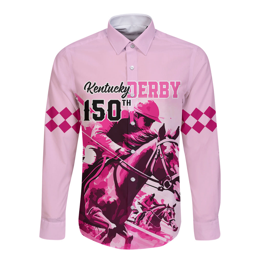 Kentucky Horse Racing Long Sleeve Button Shirt 150th Anniversary Sporting Art Pink Version - Wonder Print Shop