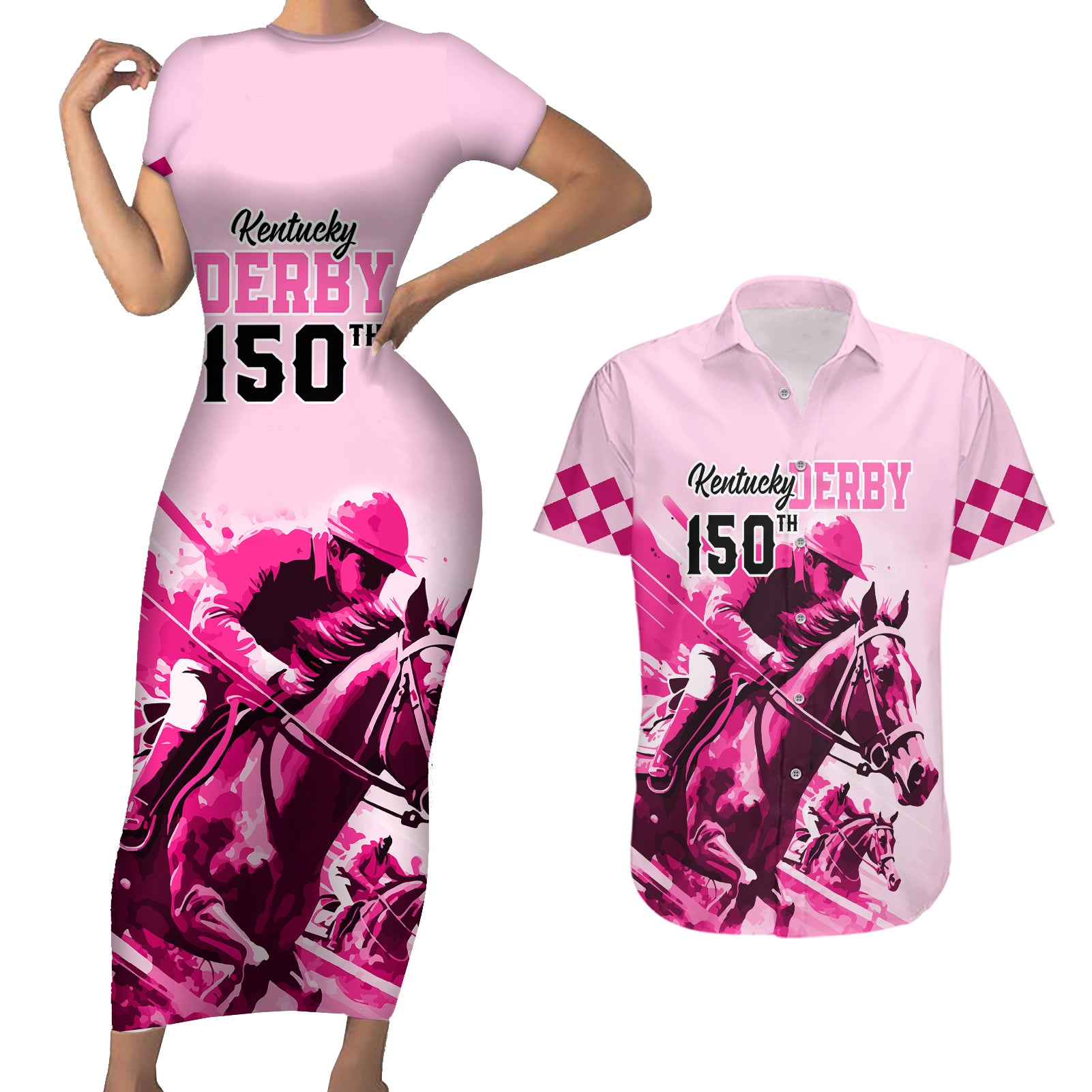 Personalised Kentucky Horse Racing Couples Matching Short Sleeve Bodycon Dress and Hawaiian Shirt 150th Anniversary Sporting Art Pink Version LT9 - Wonder Print Shop